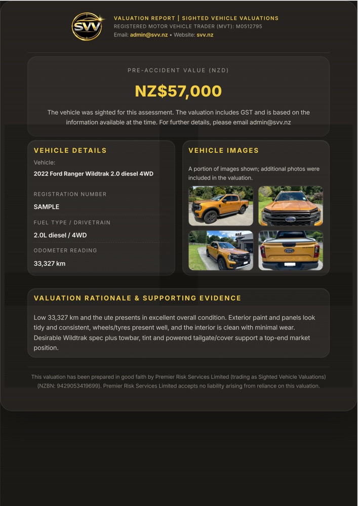 Sample pre-accident valuation report from Sighted Vehicle Valuations — a 2022 Ford Ranger Wildtrak valued at NZ$57,000